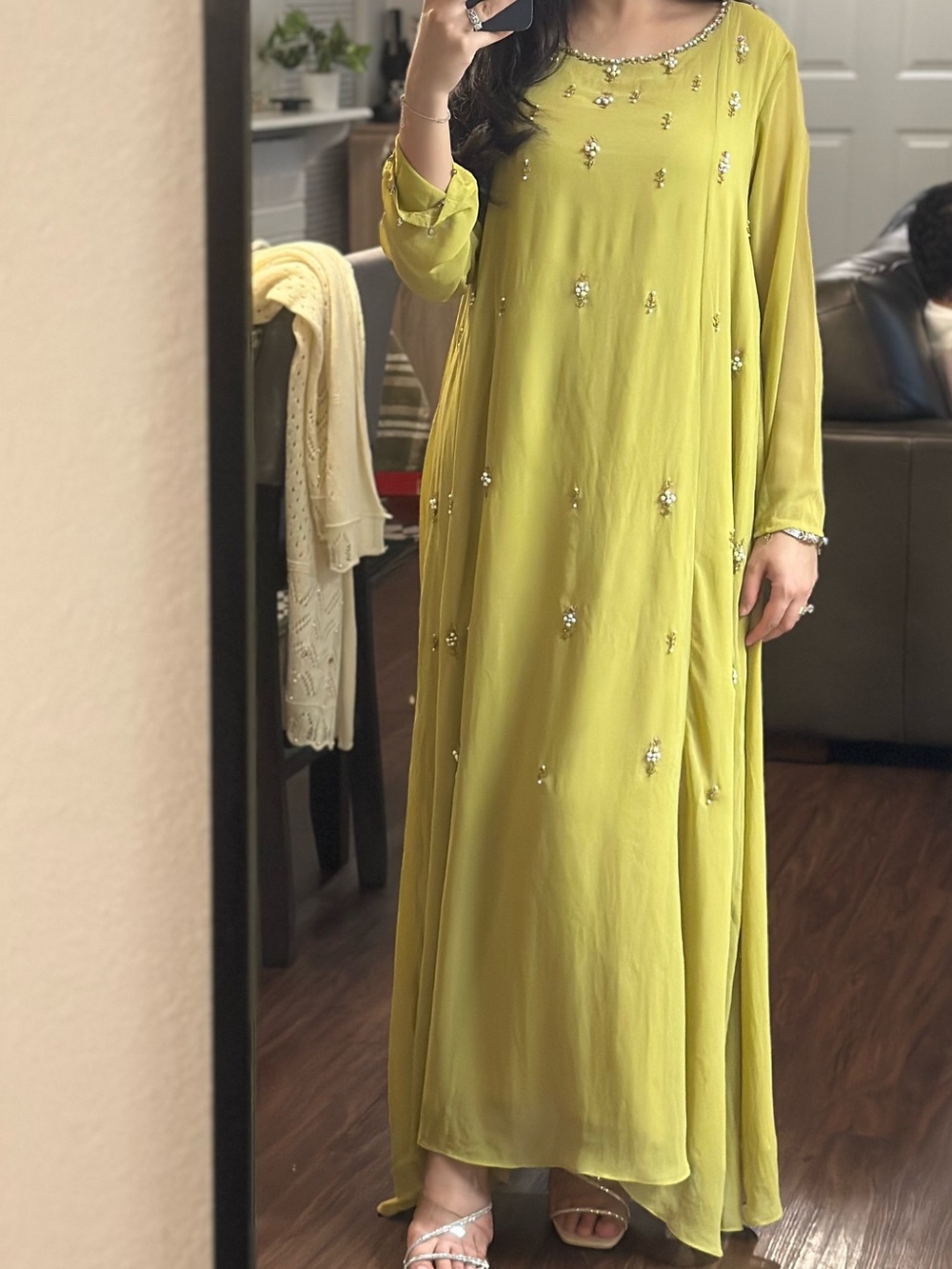 Lulusar Chiffon Lime Green Embellished Maxi Dress